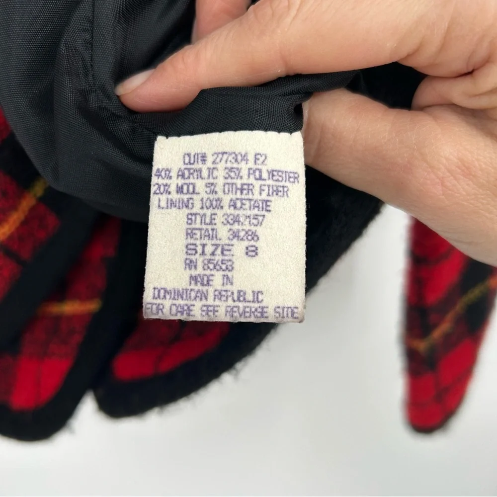 Vintage Koret Red Plaid Collarless‎ Blazer Jacket Wool Blend Size 8P